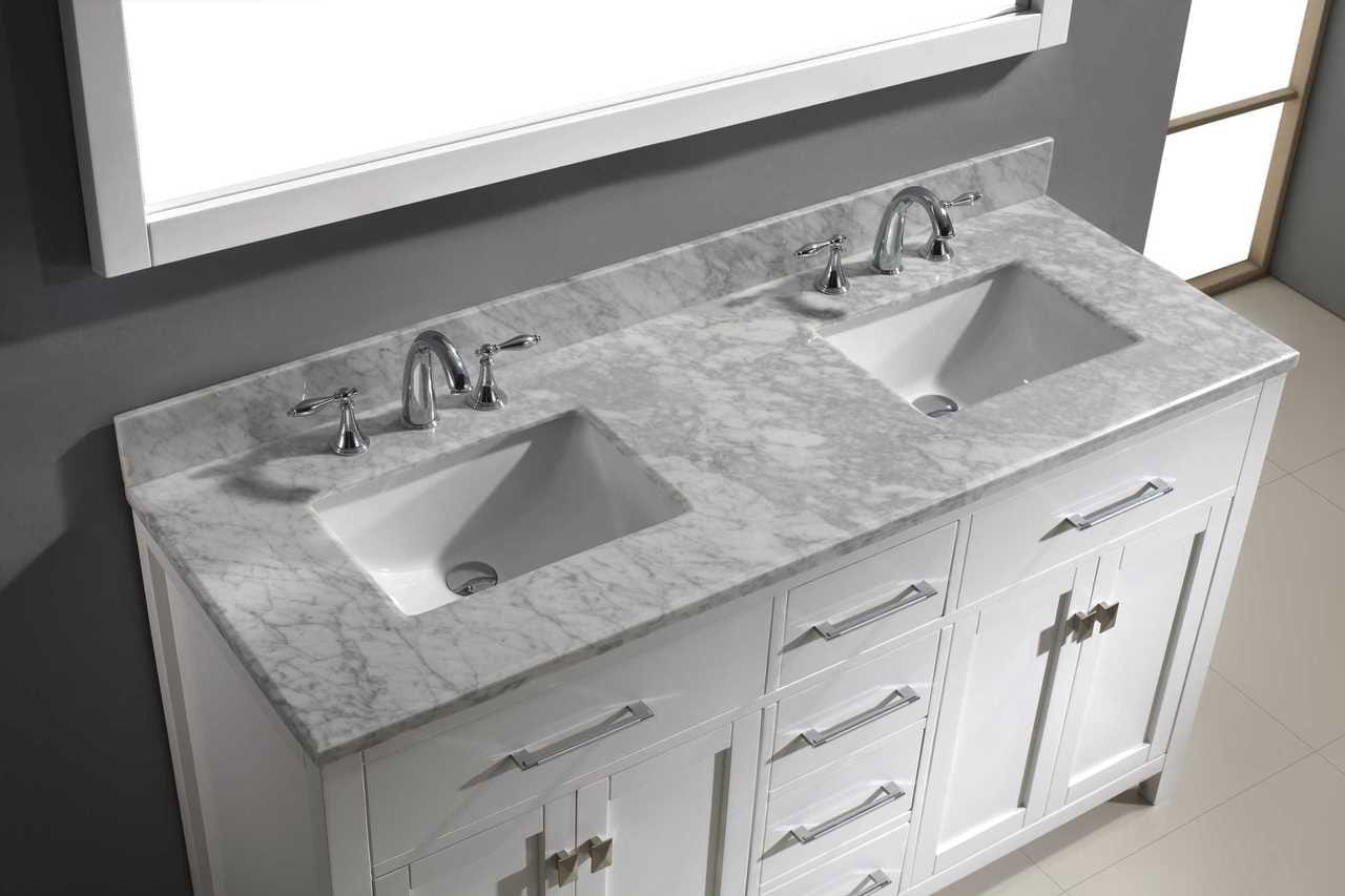 Virtu USA Caroline 60 Double Bathroom Vanity Set in White w/ Italian Carrara White Marble Counter-Top |Ê Square Basin