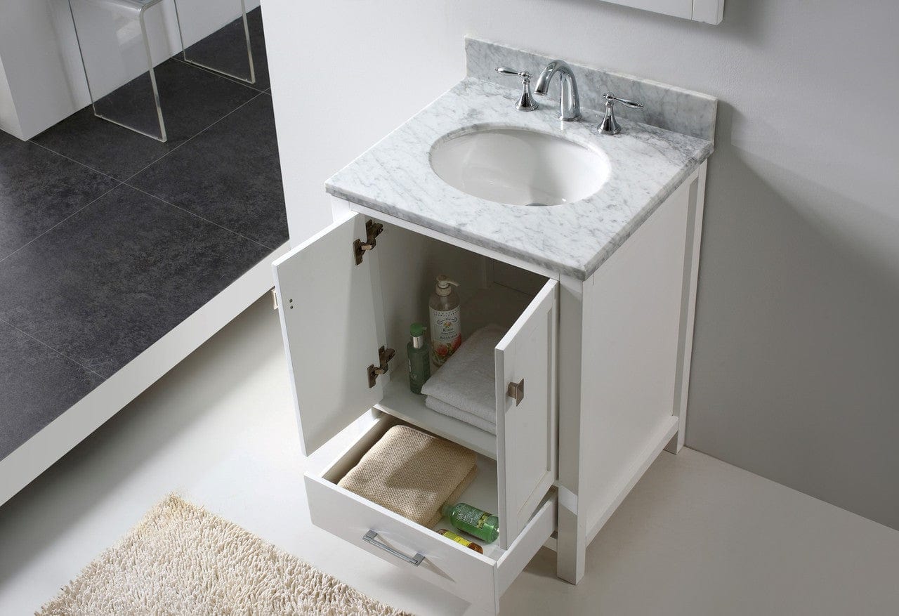 Virtu USA Caroline Avenue 24 Single Bathroom Vanity Set in White w/ Italian Carrara White Marble Counter-Top |Ê Round Basin