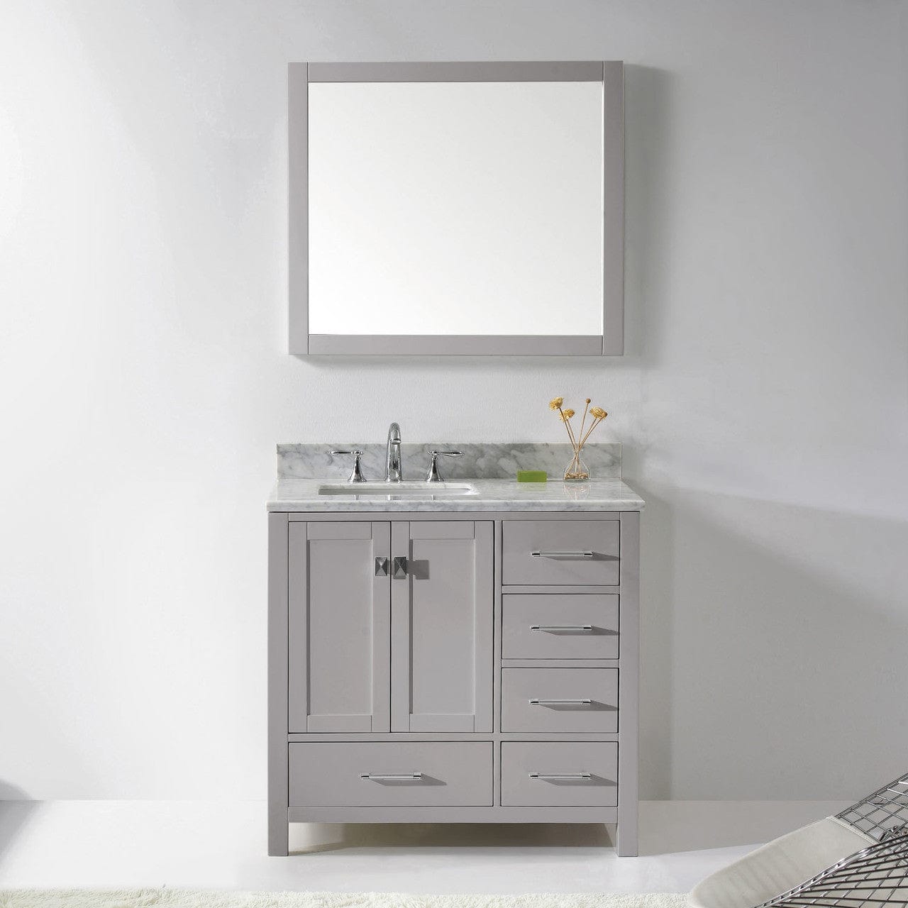 Virtu USA Vanities Virtu USA Caroline Avenue 36 Single Bathroom Vanity in Cashmere Grey w/ Marble Top & Round Sink w/ Mirror