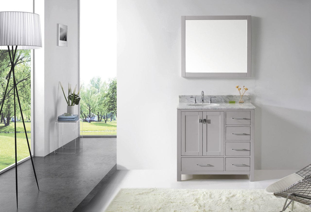 Virtu USA Vanities Virtu USA Caroline Avenue 36 Single Bathroom Vanity in Cashmere Grey w/ White Marble Top & Round Sink w/ Mirror