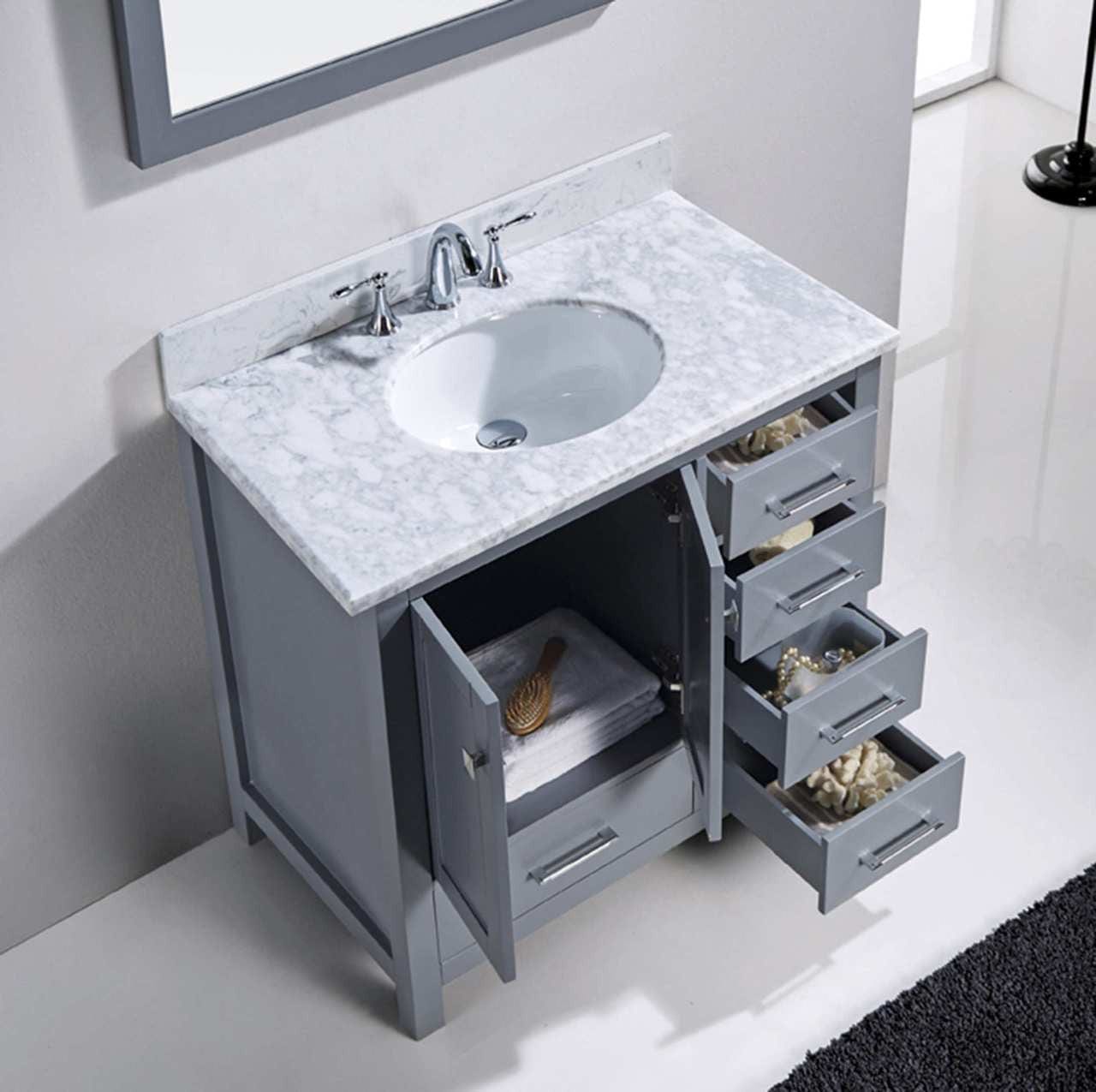Virtu USA Vanities Virtu USA Caroline Avenue 36 Single Bathroom Vanity Set in Grey w/ Italian Carrara White Marble Counter-Top | Round Basin
