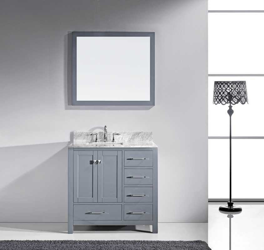 Virtu USA Caroline Avenue 36 Single Bathroom Vanity Set in Grey w/ Italian Carrara White Marble Counter-Top | Square Basin