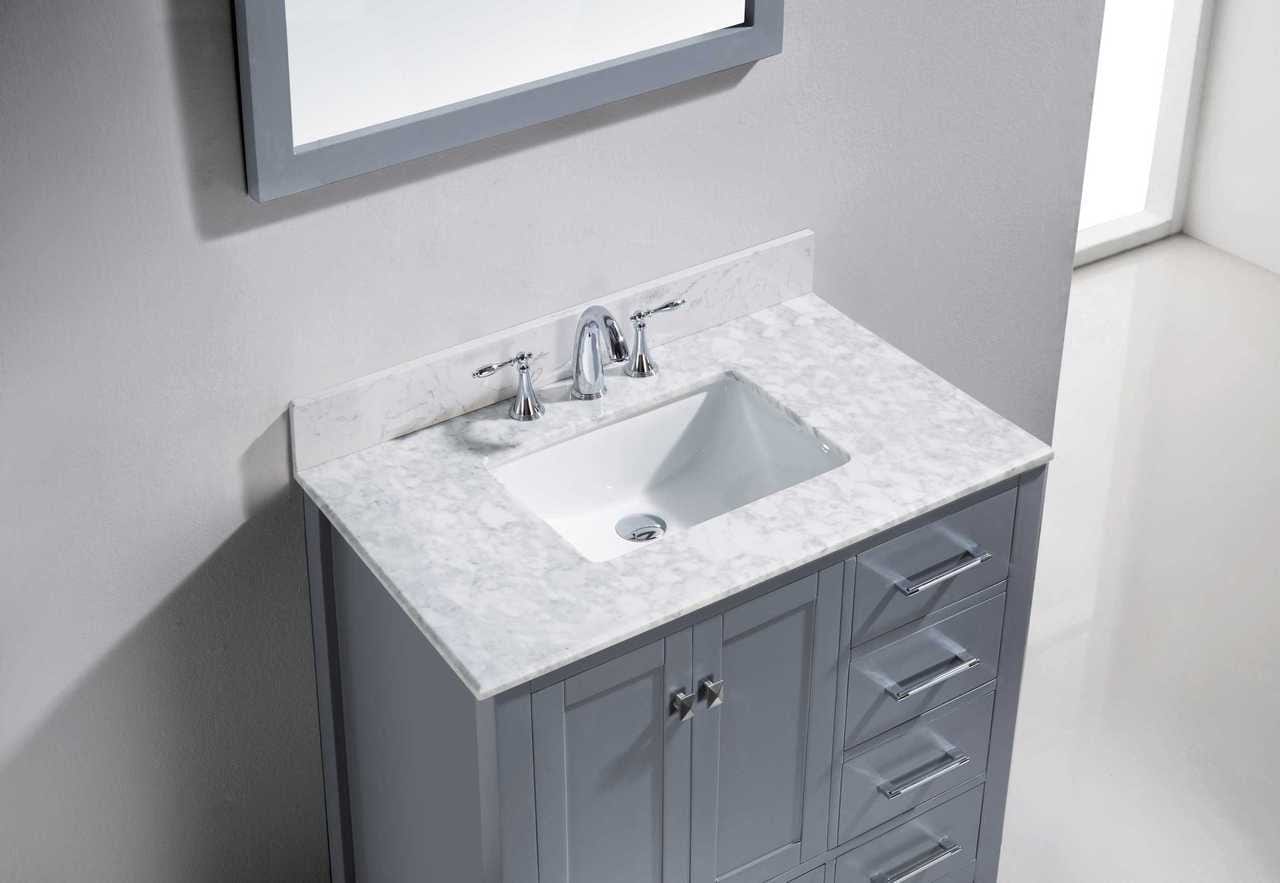 Virtu USA Vanities Virtu USA Caroline Avenue 36 Single Bathroom Vanity Set in Grey w/ Italian Carrara White Marble Counter-Top | Square Basin