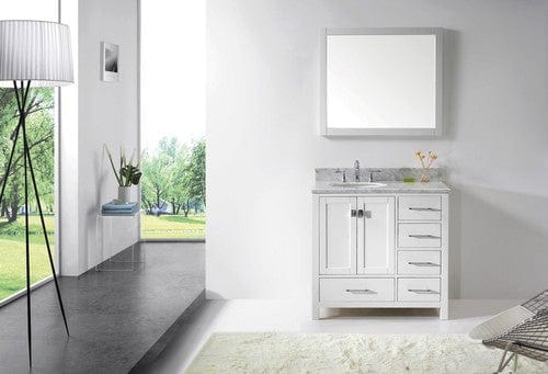 Virtu USA Caroline Avenue 36" Single Bathroom Vanity Cabinet Set in White w/ Italian Carrara White Marble Counter-Top, Round Basin