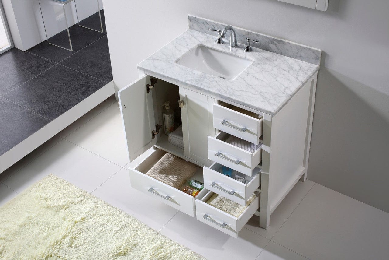 Virtu USA Caroline Avenue 36 Single Bathroom Vanity Set in White w/ Italian Carrara White Marble Counter-Top| Square Basin