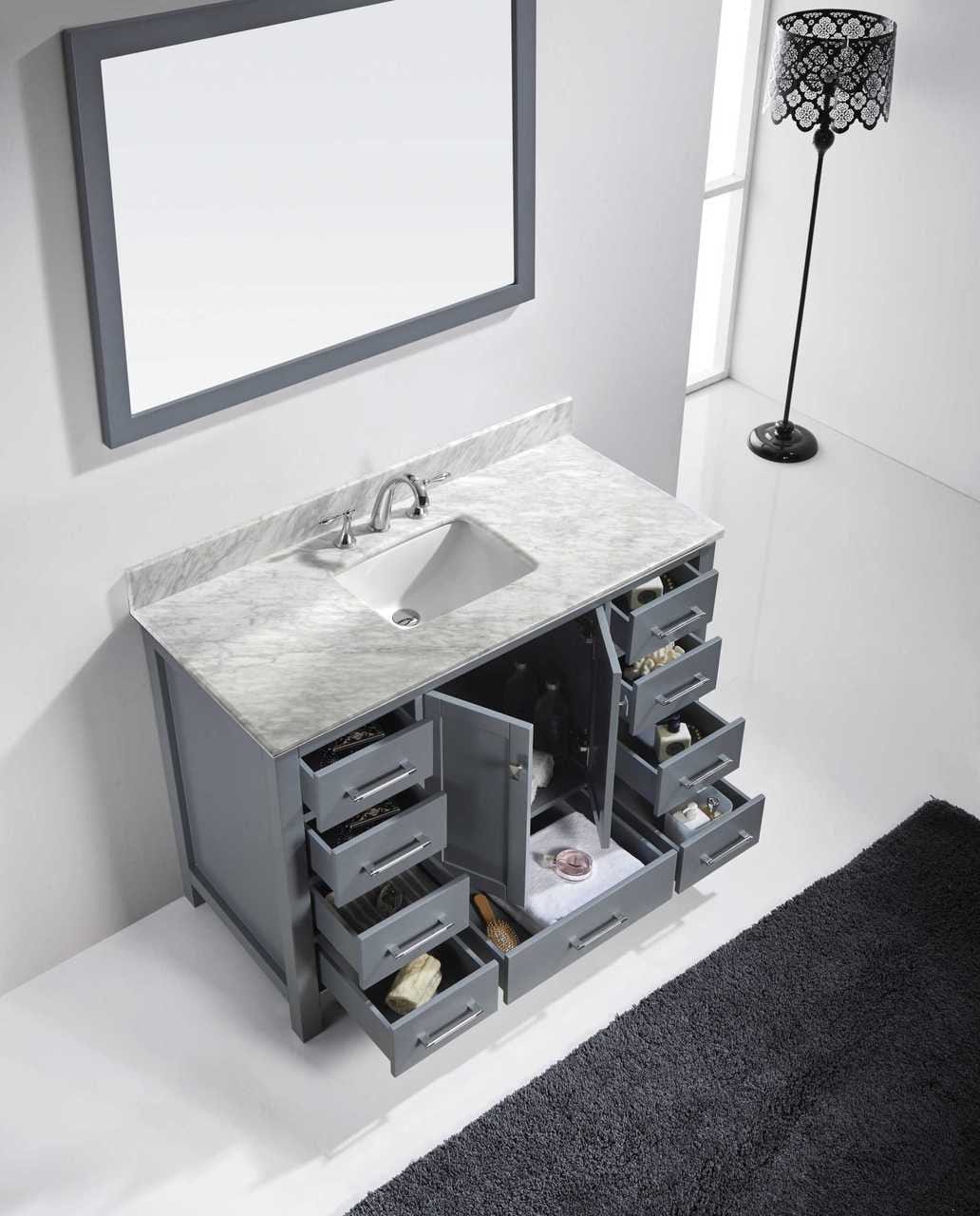 Virtu USA Vanities Virtu USA Caroline Avenue 48 Single Bathroom Vanity Set in Grey w/Ê w/ Italian Carrara White Marble Counter-Top | Square Basin