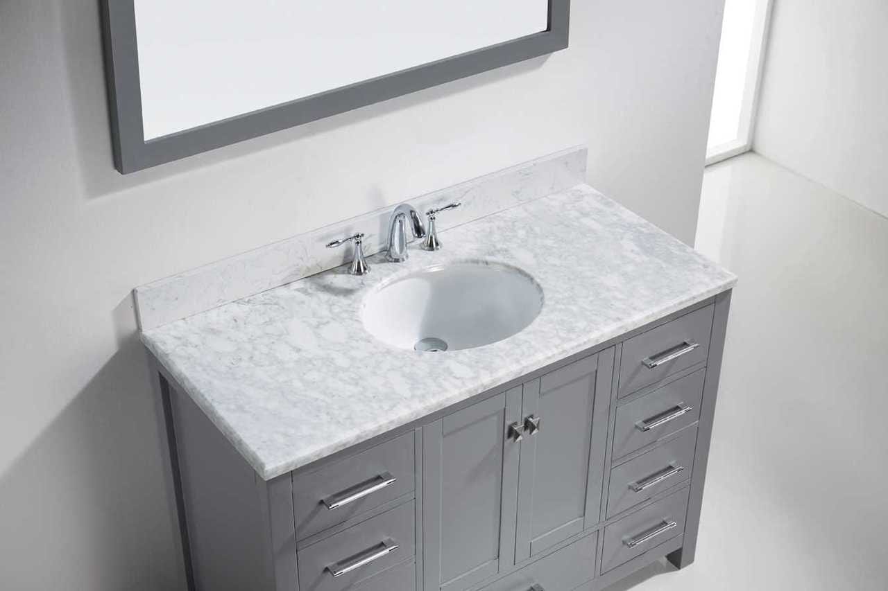 Virtu USA Caroline Avenue 48 Single Bathroom Vanity Set in Grey w/ Italian Carrara White Marble Counter-Top | Square Basin