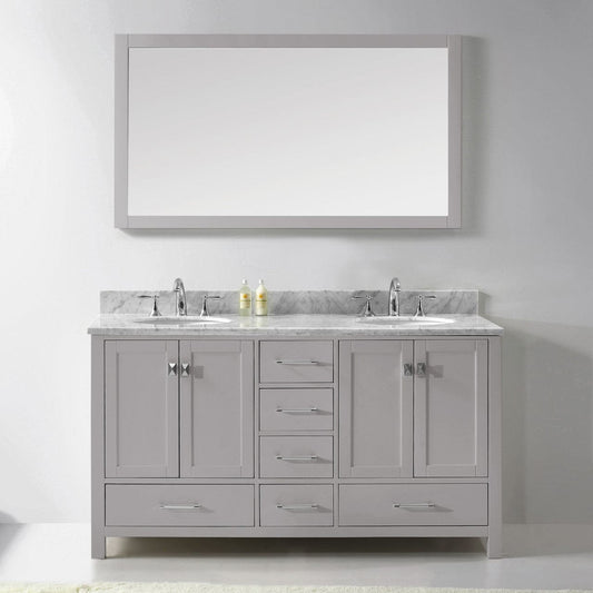 Virtu USA Caroline Avenue 60 Double Bathroom Vanity in Cashmere Grey w/ Marble Top & Round Sink w/ Mirror