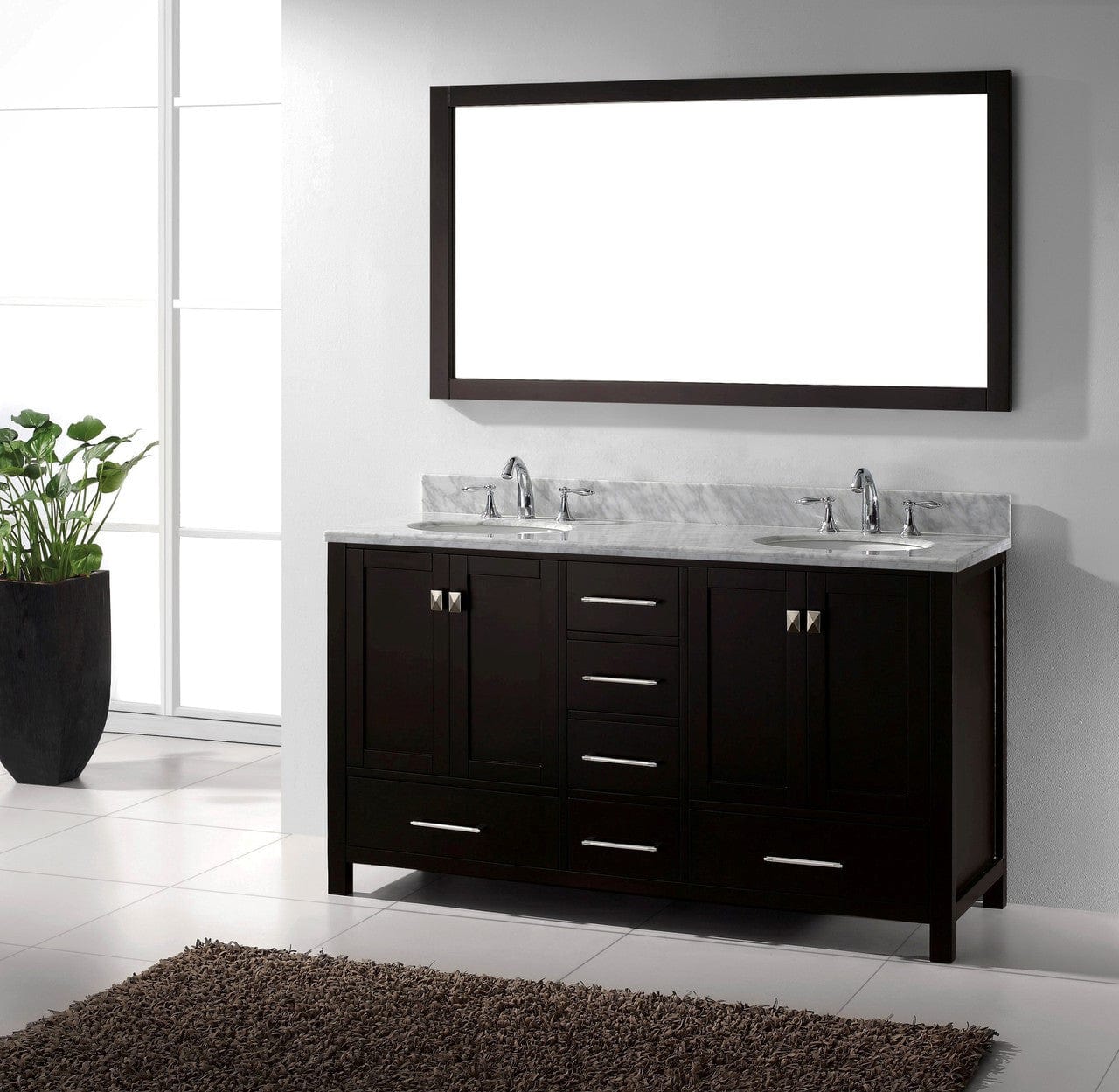 Virtu USA Caroline Avenue 60 Double Bathroom Vanity Set in Espresso w/ Italian Carrara White Marble Counter-Top | Round Basin