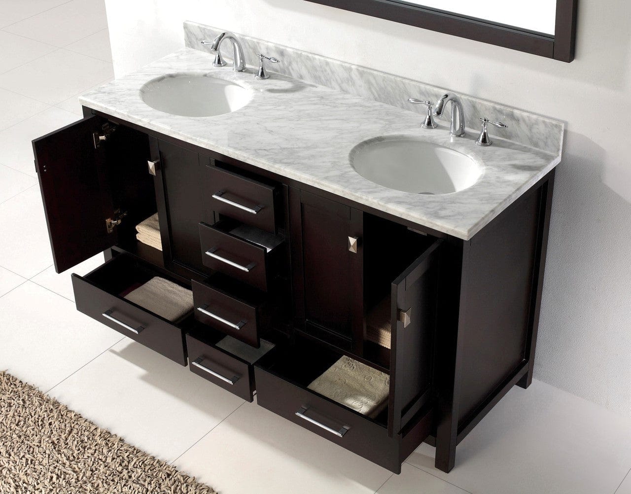 Virtu USA Caroline Avenue 60 Double Bathroom Vanity Set in Espresso w/ Italian Carrara White Marble Counter-Top | Round Basin