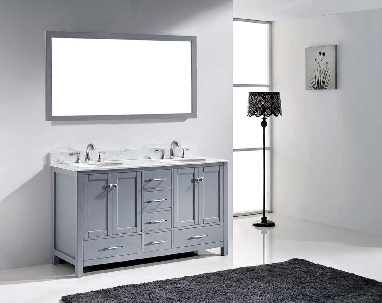 Virtu USA Caroline Avenue 60 Double Bathroom Vanity Set in Grey w/ Italian Carrara White Marble Counter-Top | Round Basin