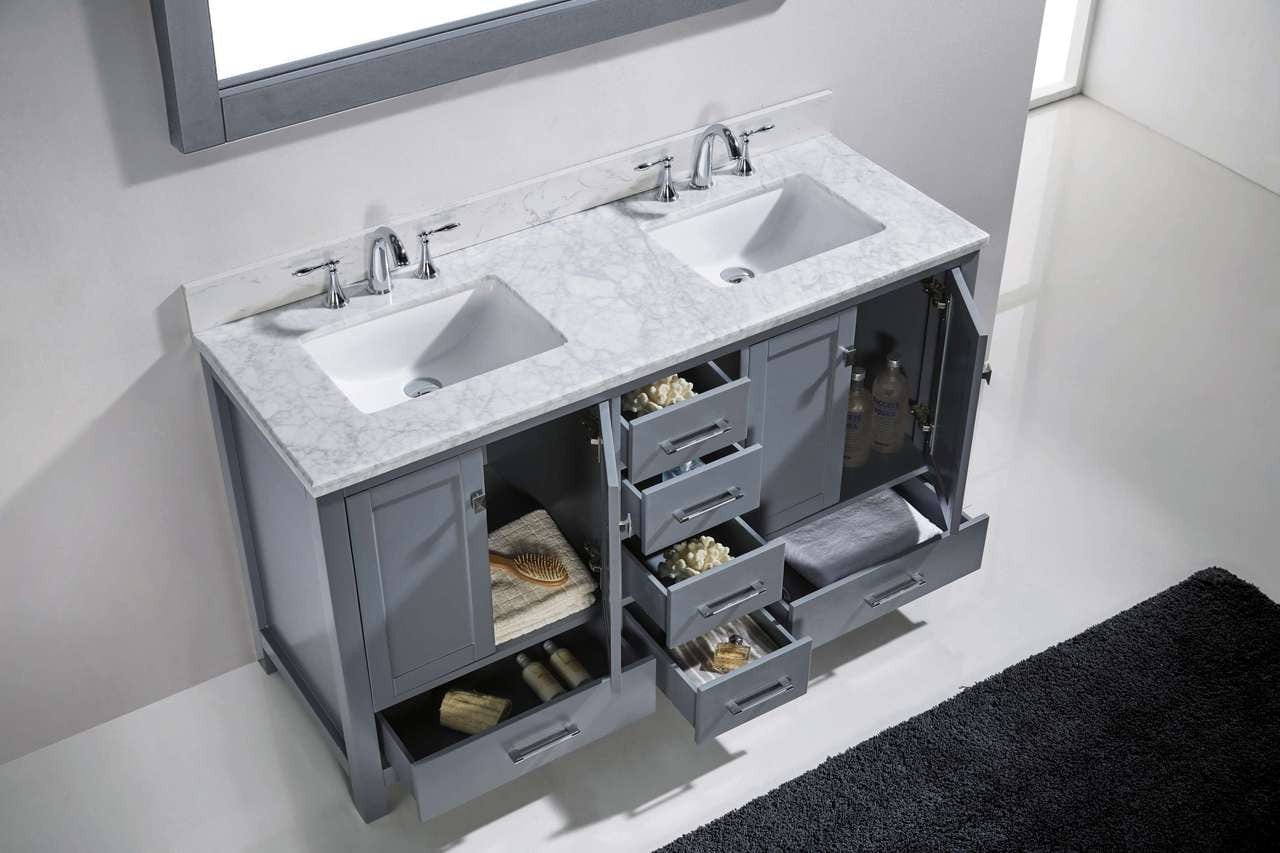 Virtu USA Caroline Avenue 60 Double Bathroom Vanity Set in Grey w/ Italian Carrara White Marble Counter-Top | Round Basin