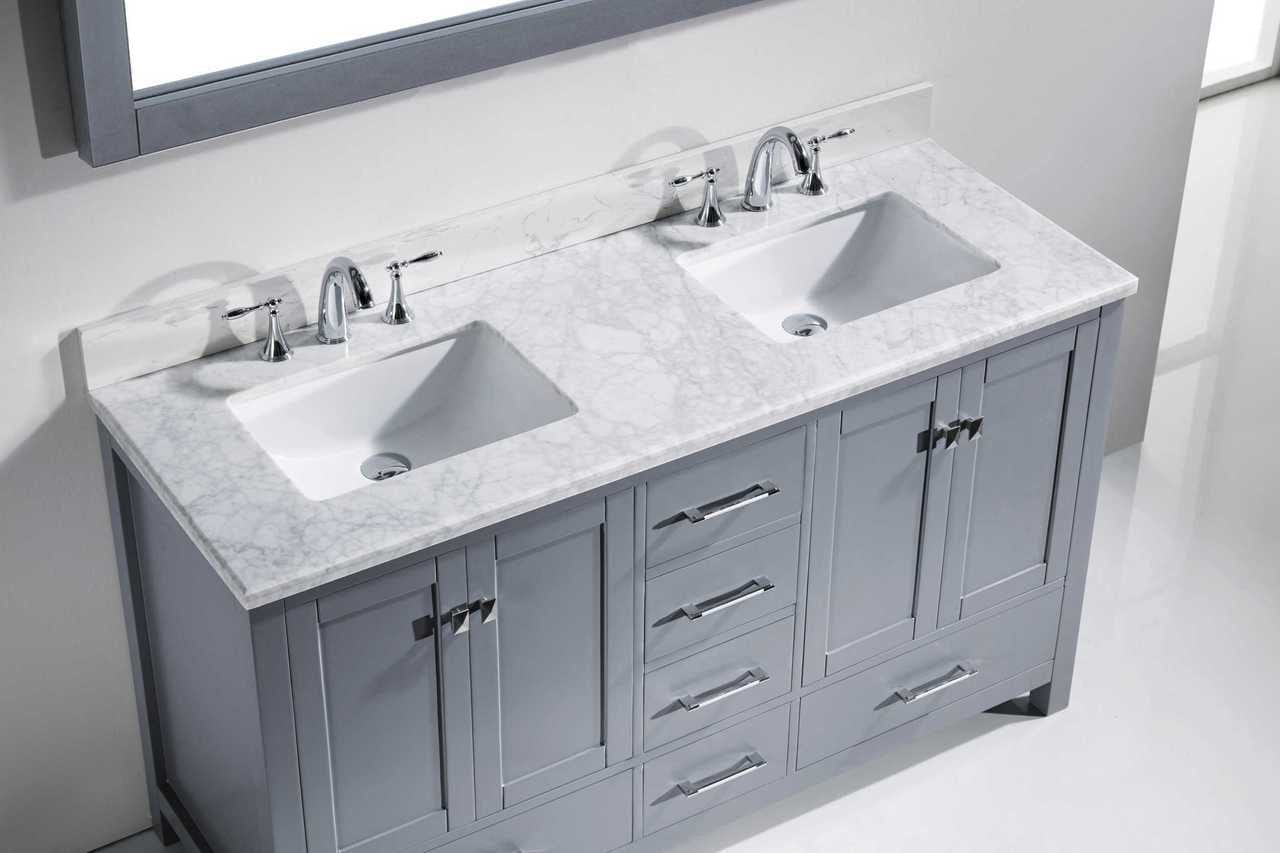 Virtu USA Vanities Virtu USA Caroline Avenue 60 Double Bathroom Vanity Set in Grey w/ Italian Carrara White Marble Counter-Top | Square Basin