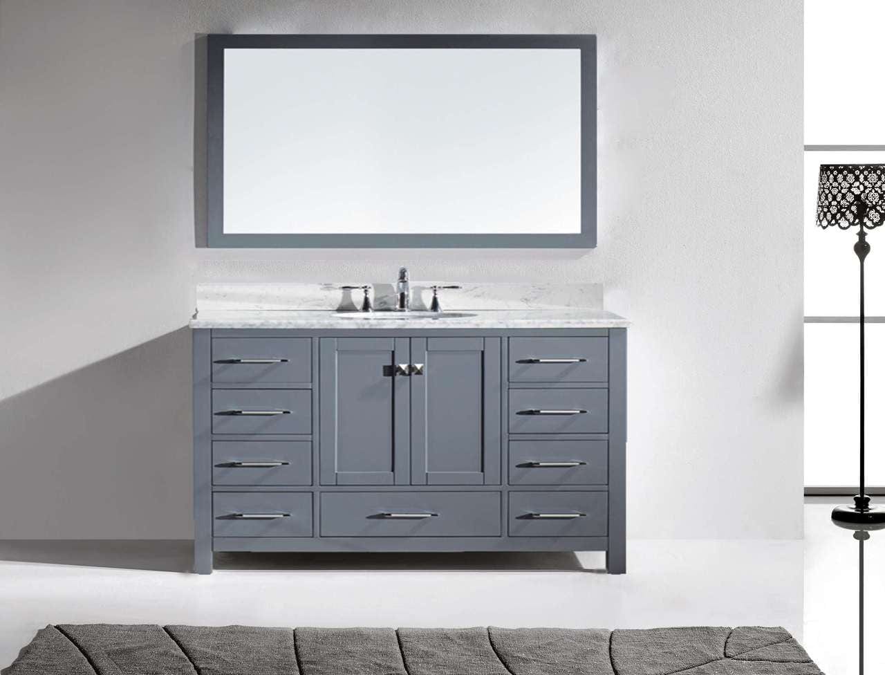 Virtu USA Vanities Virtu USA Caroline Avenue 60 Single Bathroom Vanity Set in Grey w/ Italian Carrara White Marble Counter-Top | Round Basin