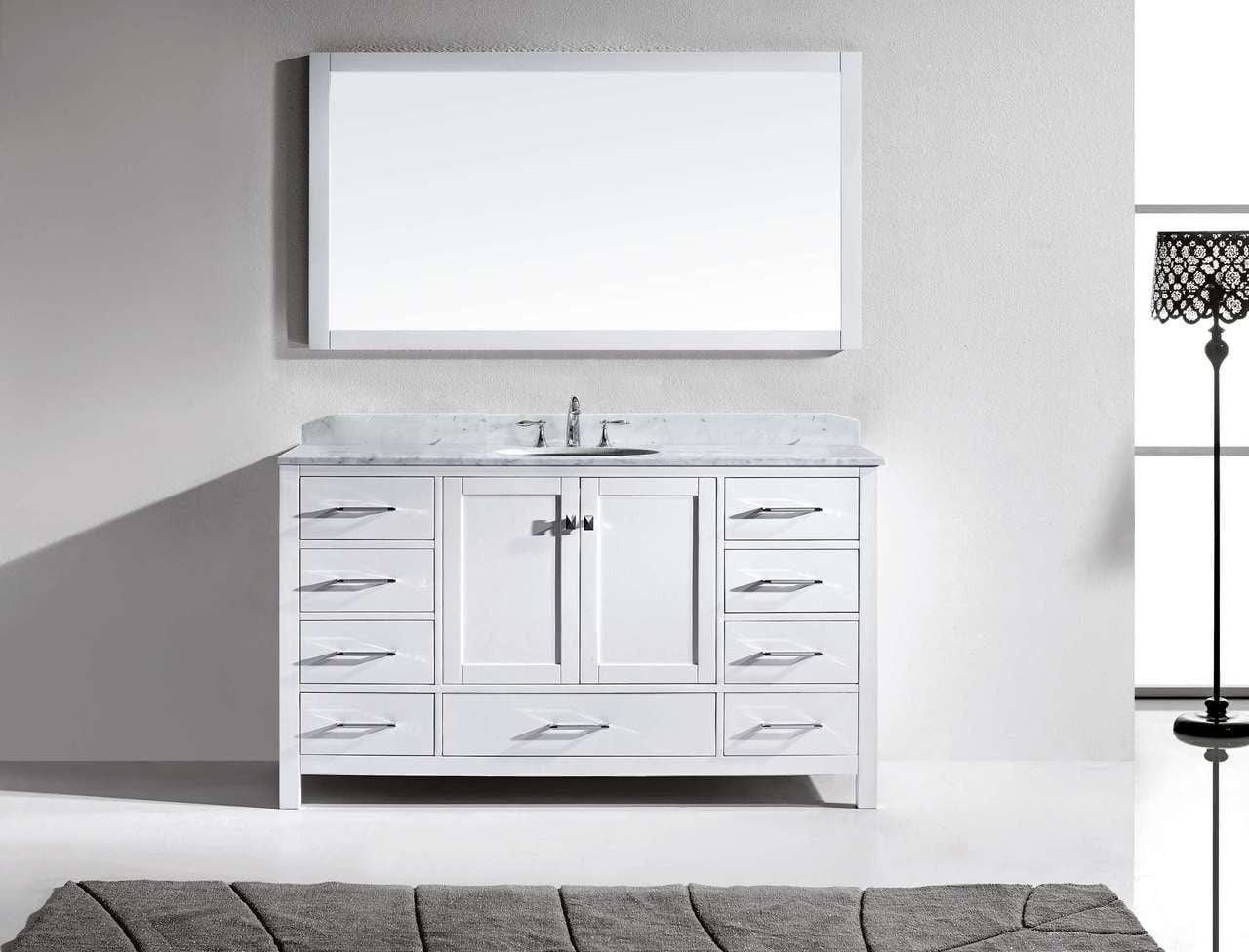 Virtu USA Caroline Avenue 60 Single Bathroom Vanity Set in White w/ Italian Carrara White Marble Counter-Top | Round Basin