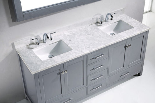 Virtu USA Caroline Avenue 72 Double Bathroom Vanity Set in Grey w/ Italian Carrara White Marble Counter-Top | Square Basin