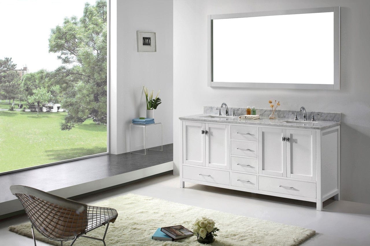 Virtu USA Caroline Avenue 72 Double Bathroom Vanity Set in White w/ Italian Carrara White Marble Counter-Top | Square Basin