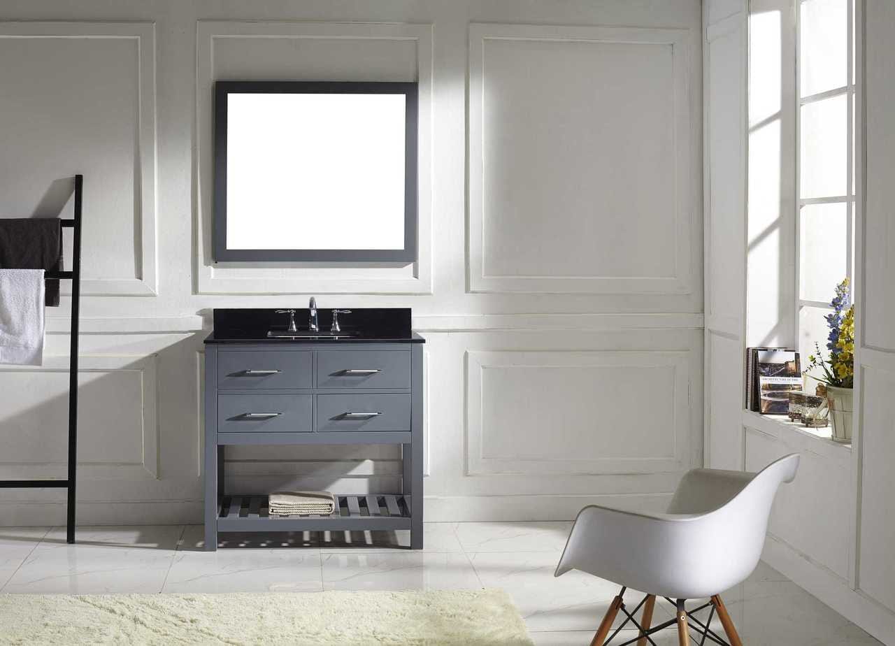 Virtu USA Vanities Virtu USA Caroline Estate 36 Single Bathroom Vanity Set in Grey w/ Black Galaxy Granite Counter-Top | Square Basin