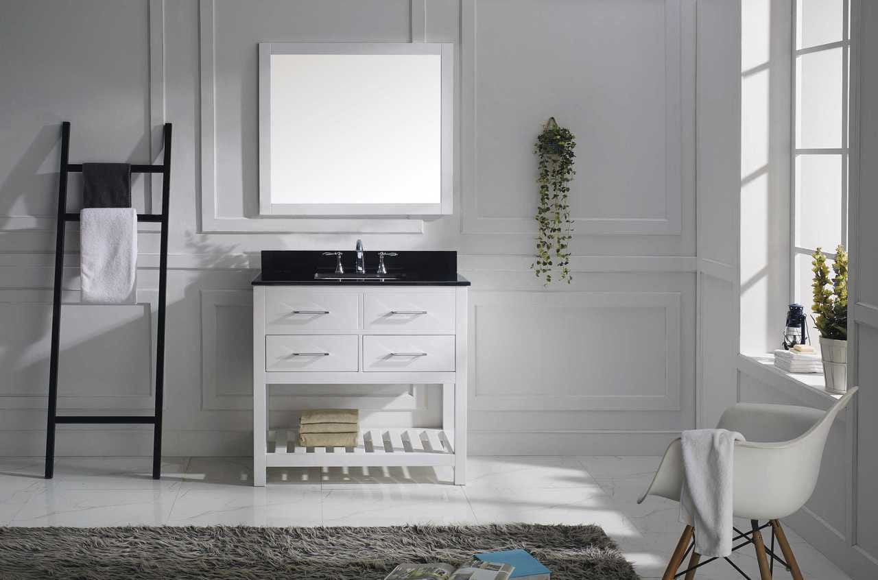 Virtu USA Vanities Virtu USA Caroline Estate 36 Single Bathroom Vanity Set in White w/ Black Galaxy Granite Counter-Top | Square Basin