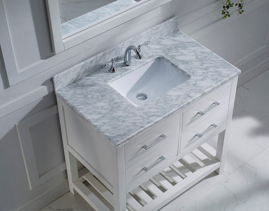 Virtu USA Caroline Estate 36 Single Bathroom Vanity Set in White w/ Italian Carrara White Marble Counter-Top | Square Basin