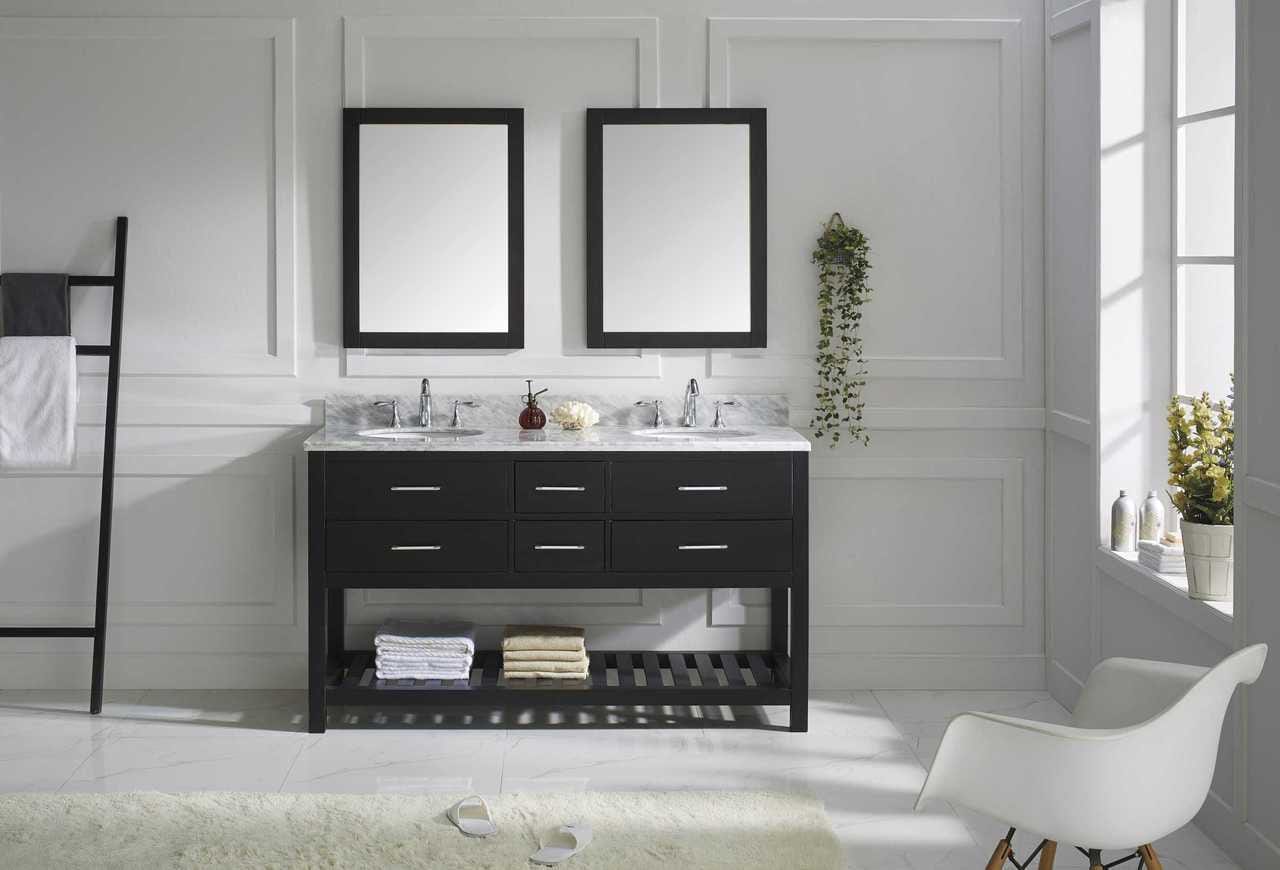 Virtu USA Caroline Estate 60 Double Bathroom Vanity Set in Espresso w/ Italian Carrara White Marble Counter-Top |Ê Round Basin