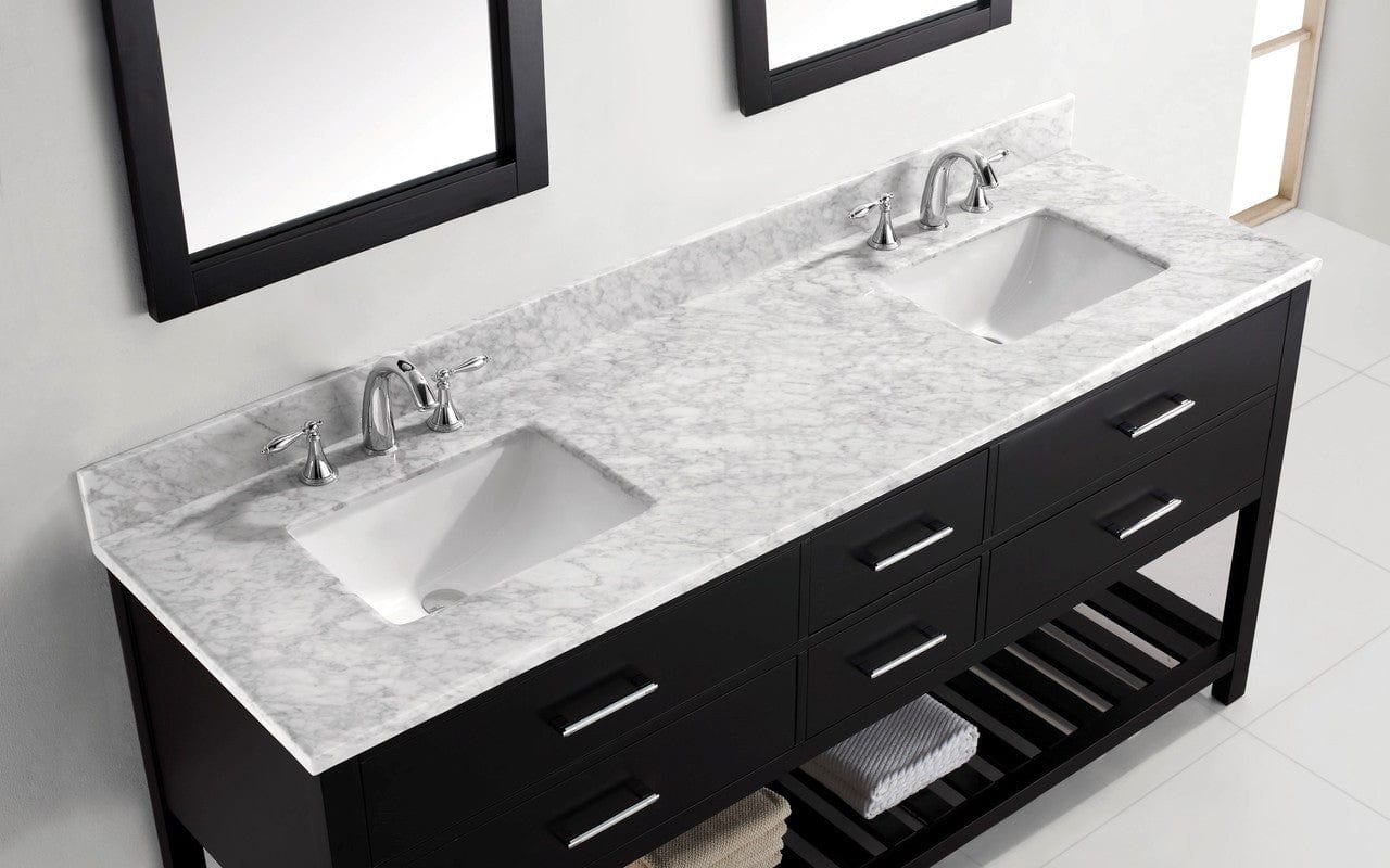 Virtu USA Caroline Estate 72 Double Bathroom Vanity Set in Espresso w/ Italian Carrara White Marble Counter-Top | Square Basin