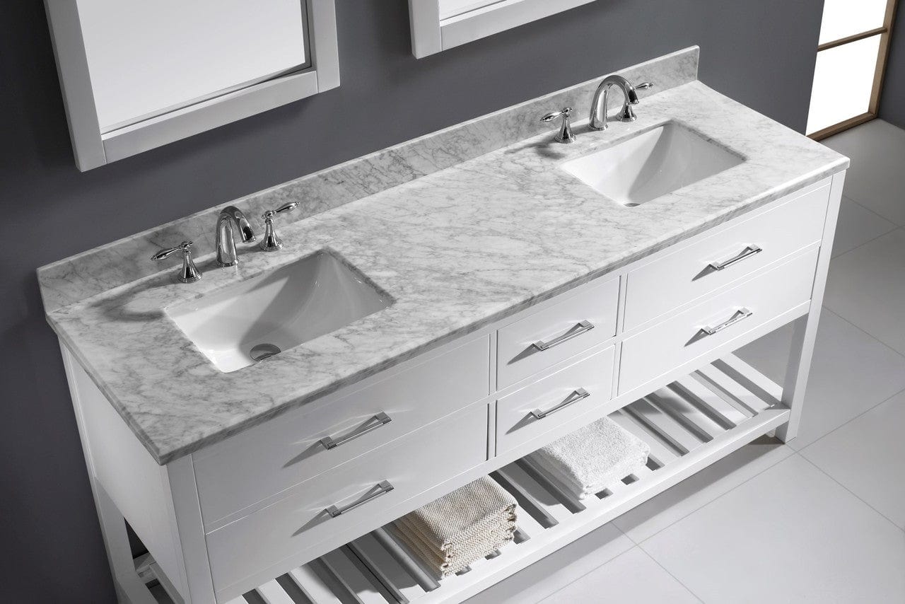 Virtu USA Caroline Estate 72 Double Bathroom Vanity Set in White w/ Italian Carrara White Marble Counter-Top | Square Basin
