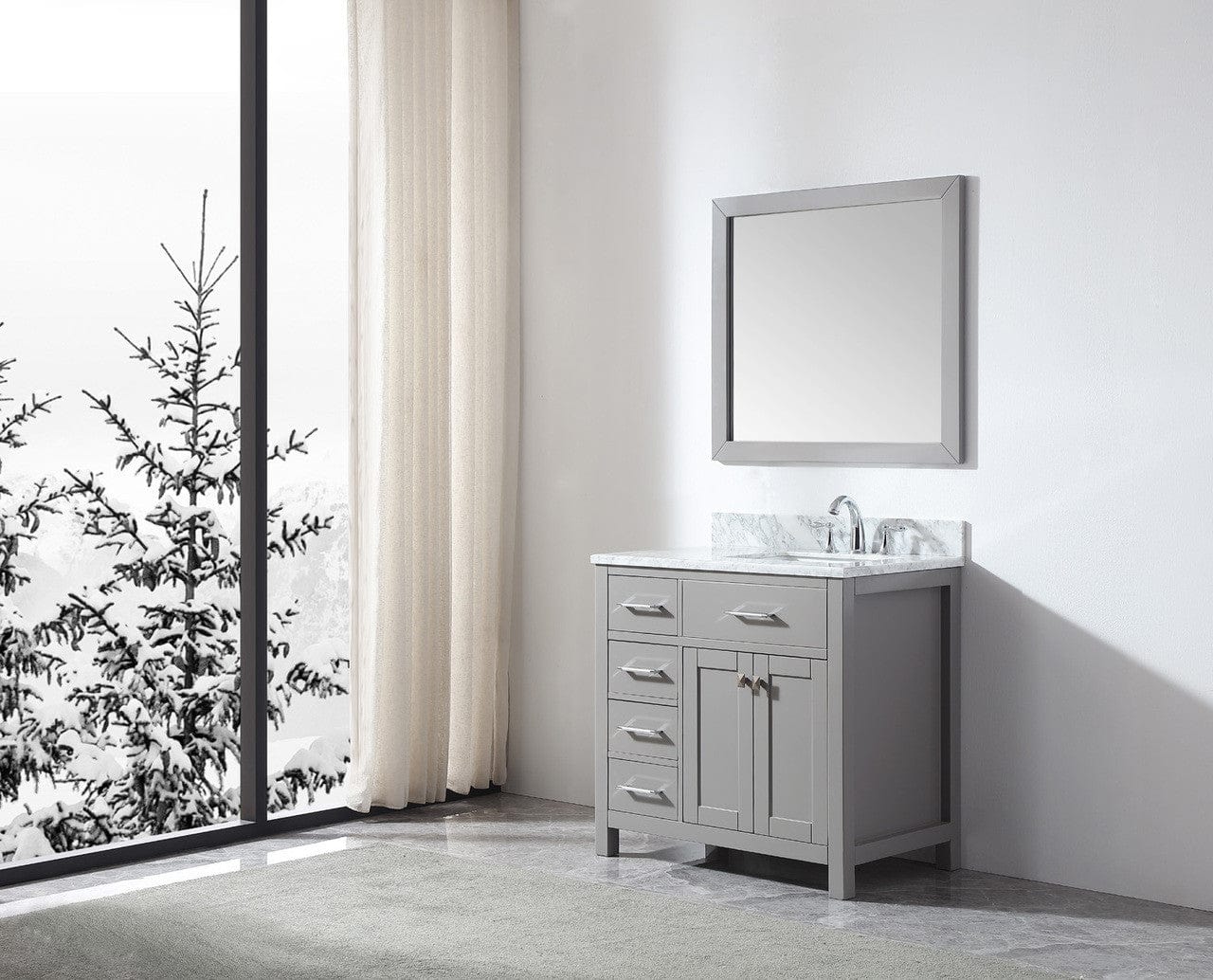 Virtu USA Vanities Virtu USA Caroline Parkway 36 Single Bathroom Vanity in Cashmere Grey - Leftside basin w/ Marble Top & Square Sink