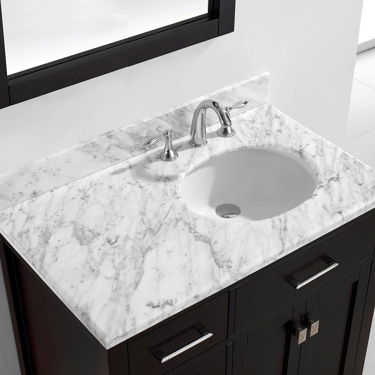 Virtu USA Vanities Virtu USA Caroline Parkway 36 Single Bathroom Vanity Set in Espresso w/ Italian Carrara White Marble Counter-Top | Round Basin - Leftside Drawer