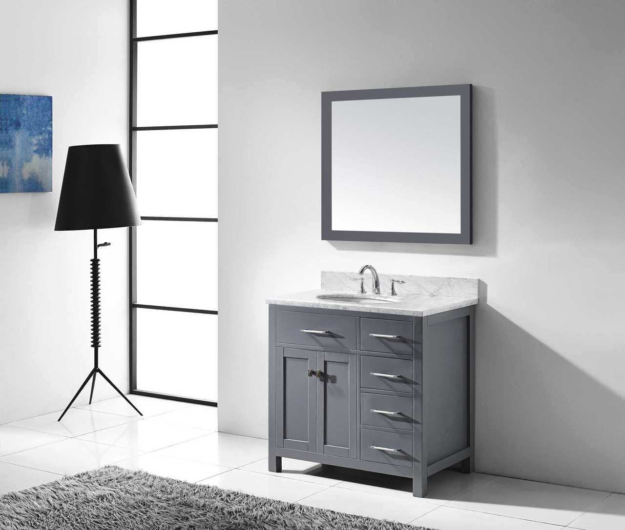 Virtu USA Vanities Virtu USA Caroline Parkway 36 Single Bathroom Vanity Set in Grey w/ Italian Carrara White Marble Counter-Top | Round Basin - Rightside Drawer