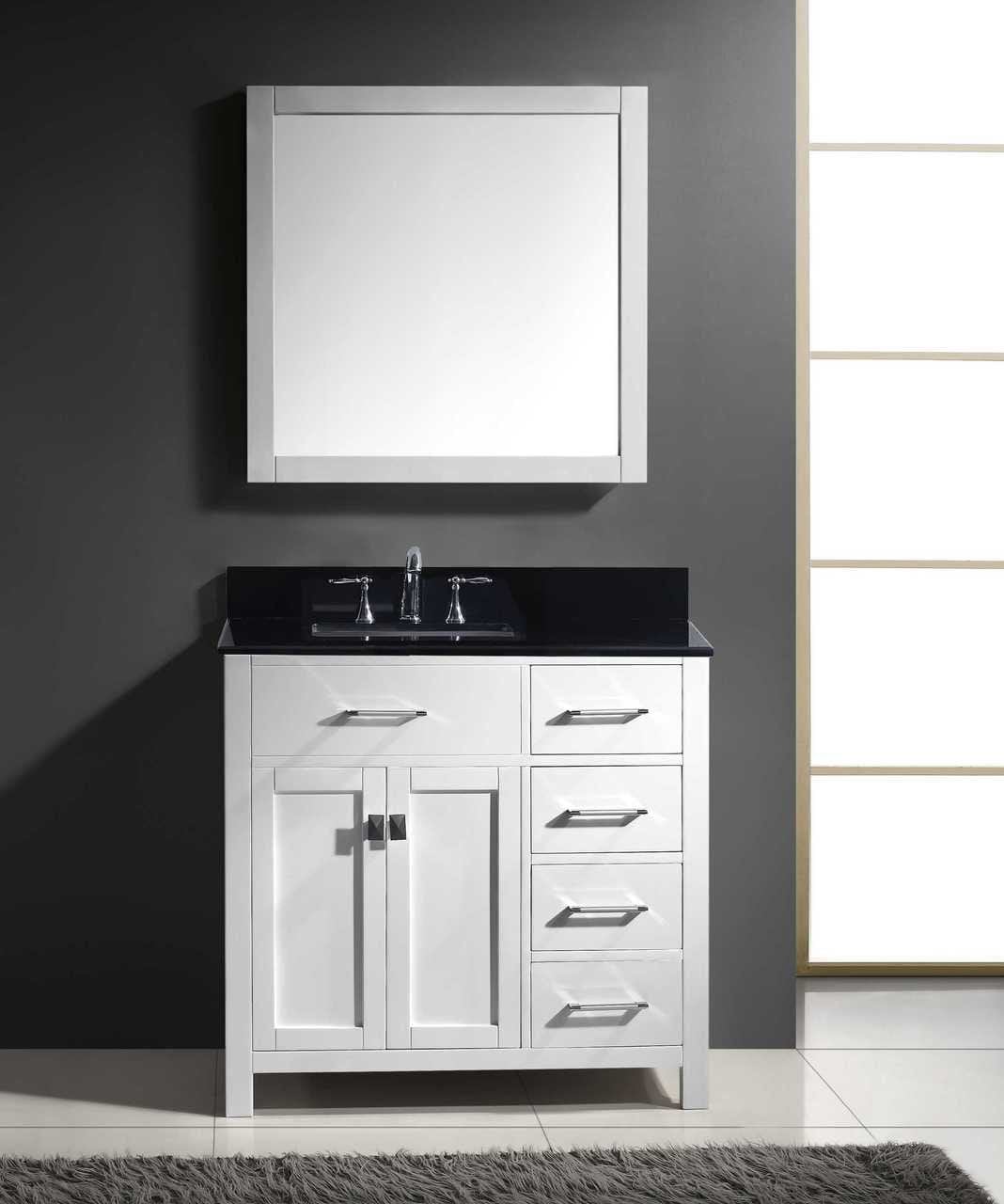 Virtu USA Vanities Virtu USA Caroline Parkway 36 Single Bathroom Vanity Set in White w/ Black Galaxy Granite Counter-Top | Round Basin - Rightside Drawer