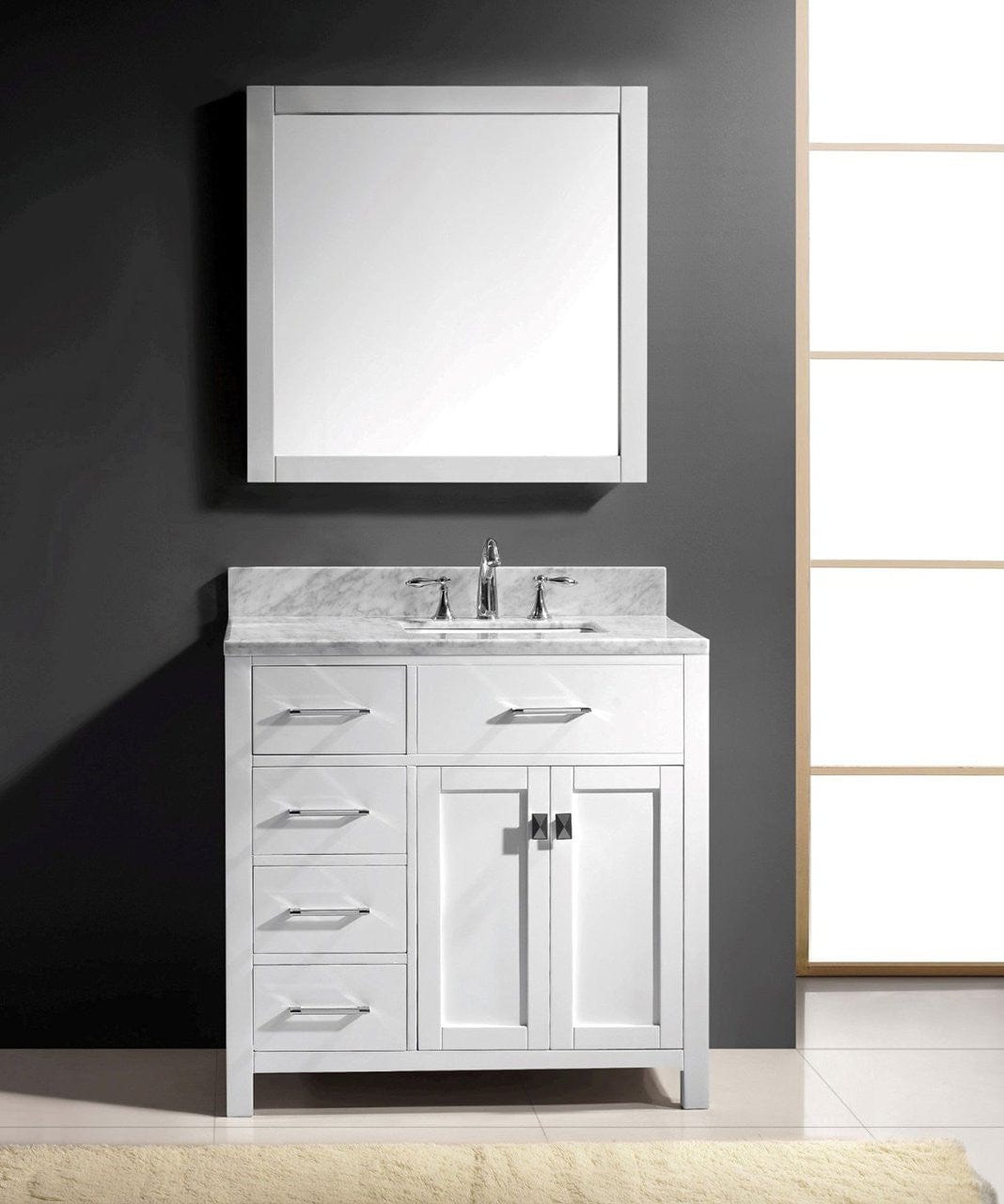 Virtu USA Caroline Parkway 36 Single Bathroom Vanity Set in White w/ Italian Carrara White Marble Counter-Top | Square Basin - Leftside Drawer
