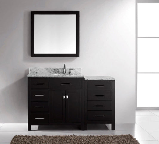 Virtu USA Caroline Parkway 57 Single Bathroom Vanity Set in Espresso w/ Italian Carrara White Marble Counter-Top | Round Basin - Leftside Drawer