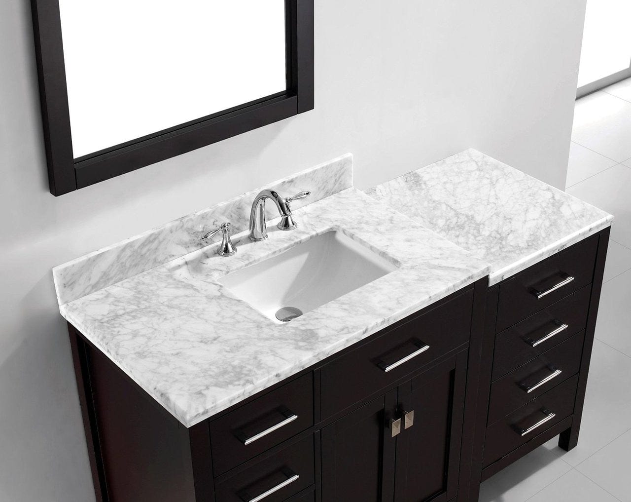 Virtu USA Caroline Parkway 57 Single Bathroom Vanity Set in Espresso w/ Italian Carrara White Marble Counter-Top | Square Basin - Leftside Drawer