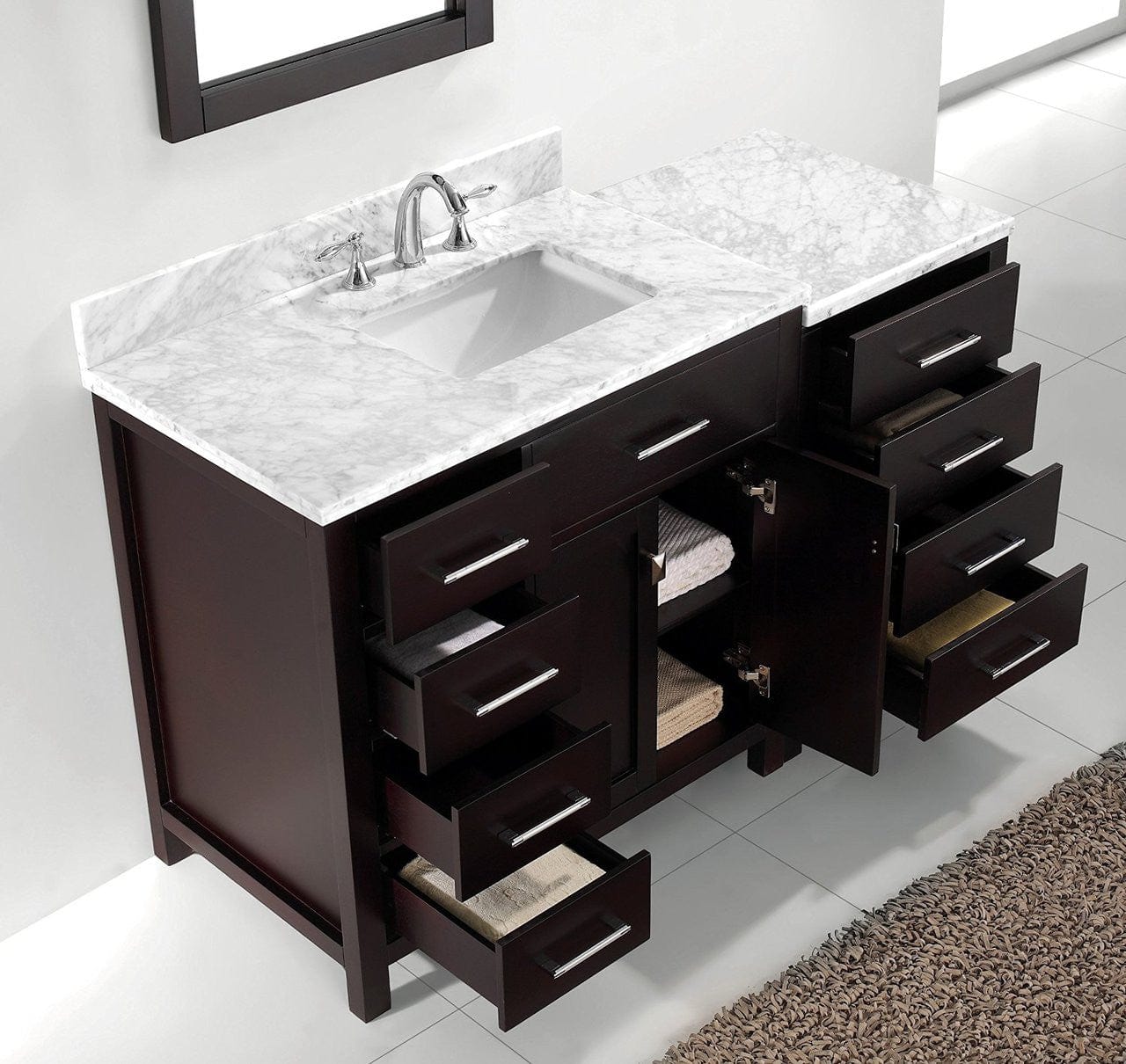 Virtu USA Vanities Virtu USA Caroline Parkway 57 Single Bathroom Vanity Set in Espresso w/ Italian Carrara White Marble Counter-Top | Square Basin - Leftside Drawer