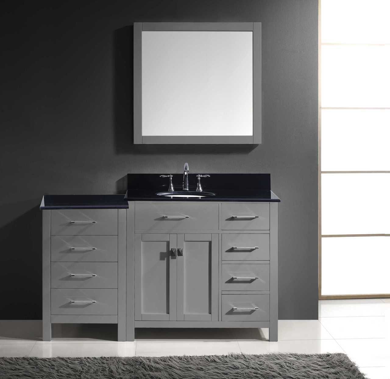 Virtu USA Vanities Virtu USA Caroline Parkway 57 Single Bathroom Vanity Set in Grey w/ Black Galaxy Granite Counter-Top | Round Basin - Rightside Drawer