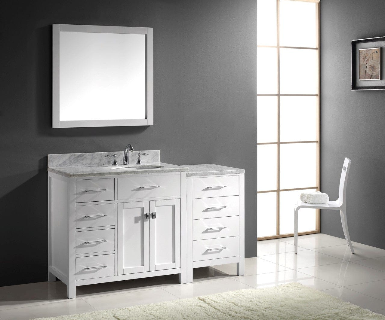 Virtu USA Vanities Virtu USA Caroline Parkway 57 Single Bathroom Vanity Set in White w/ Italian Carrara White Marble Counter-Top | Round Basin - Leftside Drawer