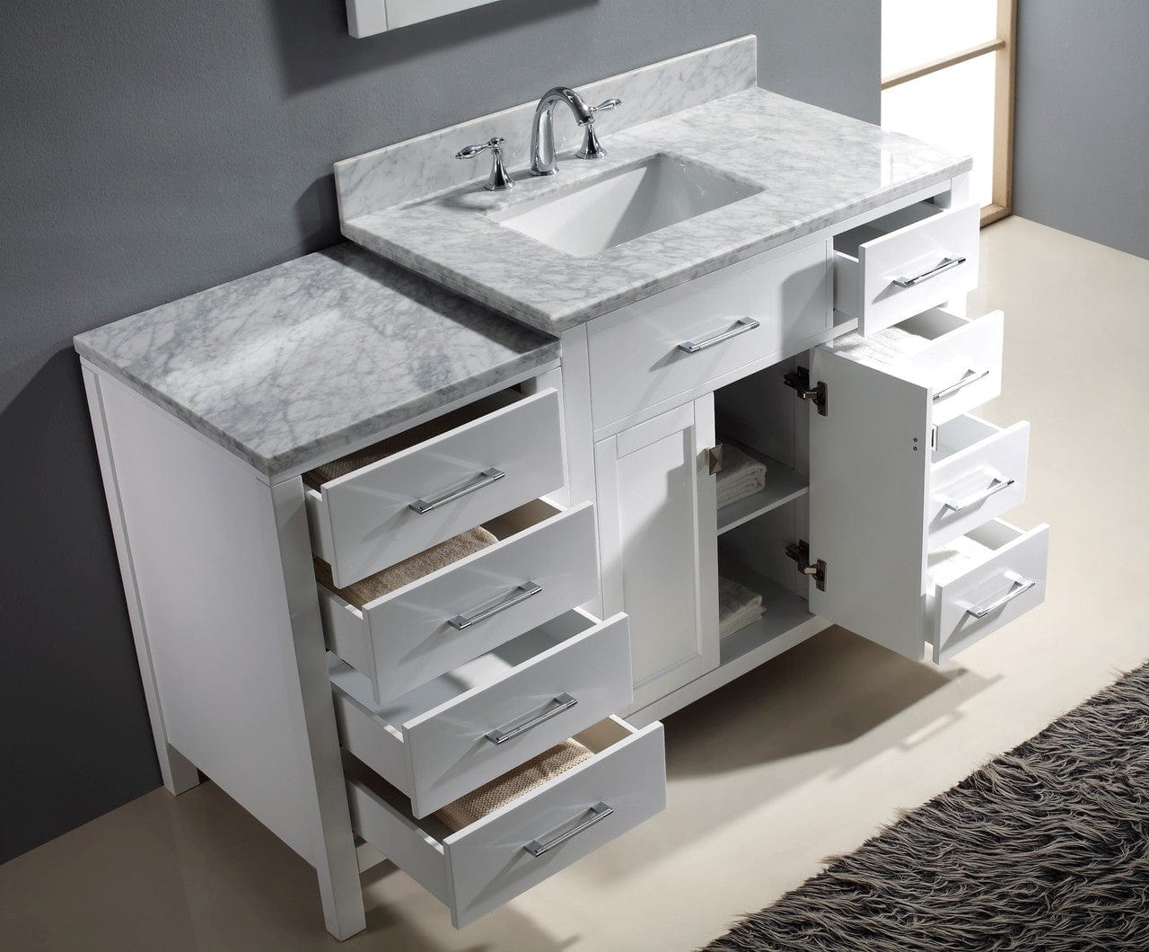 Virtu USA Vanities Virtu USA Caroline Parkway 57 Single Bathroom Vanity Set in White w/ Italian Carrara White Marble Counter-Top | Square Basin