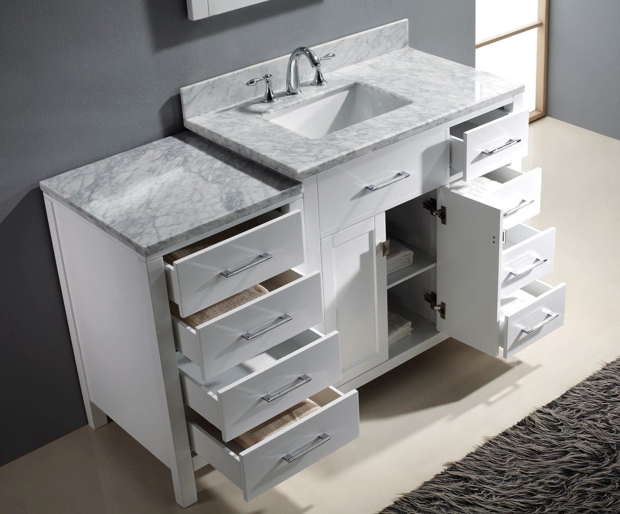 Virtu USA Caroline Parkway 57 Single Bathroom Vanity Set in White w/ Italian Carrara White Marble Counter-Top | Square Basin