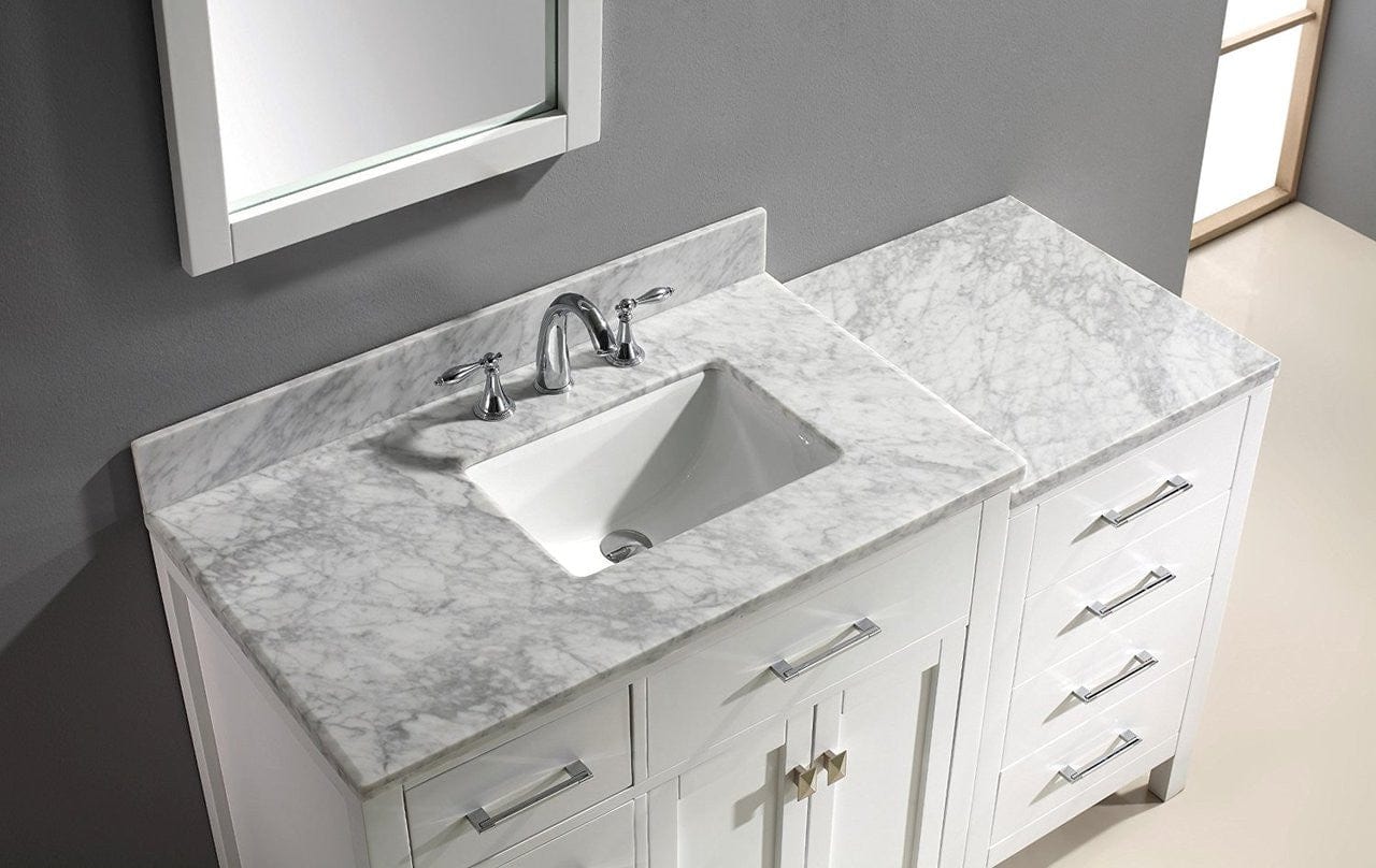 Virtu USA Vanities Virtu USA Caroline Parkway 57 Single Bathroom Vanity Set in White w/ Italian Carrara White Marble Counter-Top | Square Basin - Leftside Drawer
