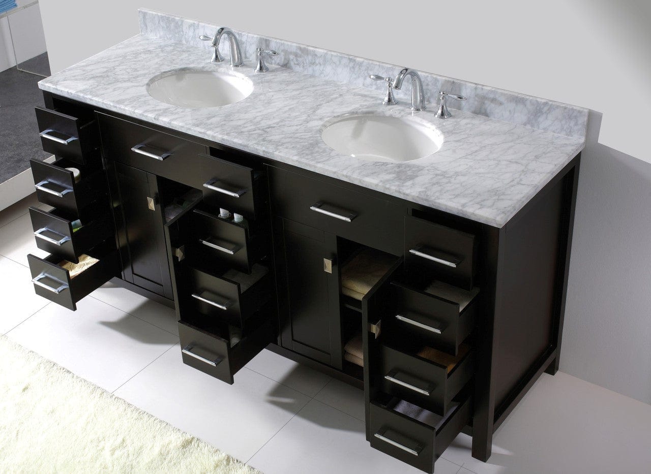 Virtu USA Caroline Parkway 72 Double Bathroom Vanity Set in Espresso w/ Italian Carrara White Marble Counter-Top |Ê Round Basin