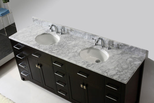 Virtu USA Caroline Parkway 78 Double Bathroom Vanity Set in Espresso w/ Italian Carrara White Marble Counter-Top |Ê Round Basin