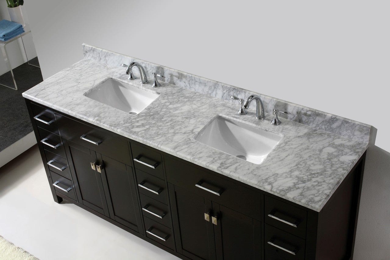 Virtu USA Caroline Parkway 78 Double Bathroom Vanity Set in Espresso w/ Italian Carrara White Marble Counter-Top| Square Basin