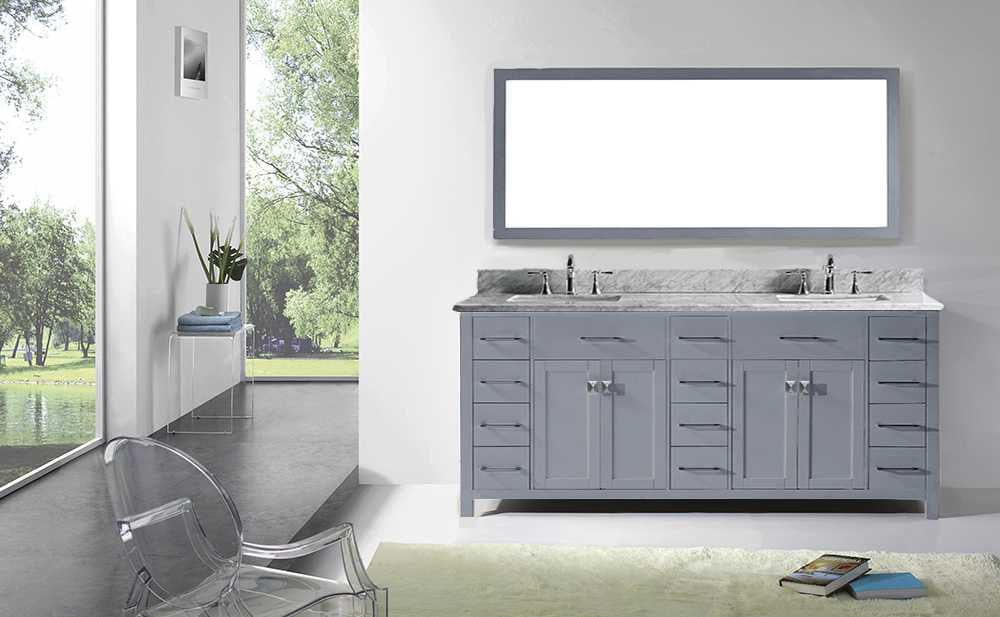 Virtu USA Vanities Virtu USA Caroline Parkway 78 Double Bathroom Vanity Set in Grey w/ Italian Carrara White Marble Counter-Top | Square Basin