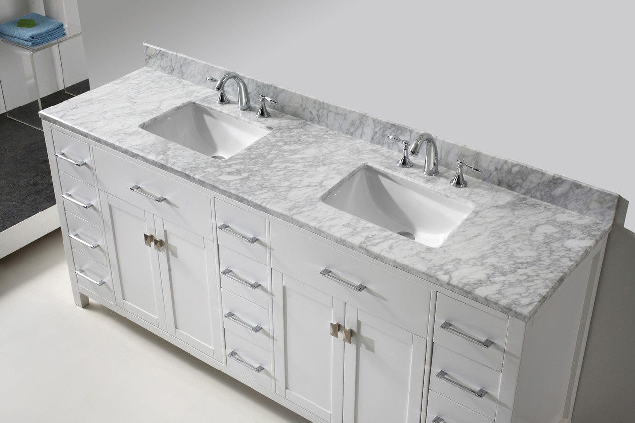 Virtu USA Vanities Virtu USA Caroline Parkway 78 Double Bathroom Vanity Set in White w/ Italian Carrara White Marble Counter-Top | Square Basin