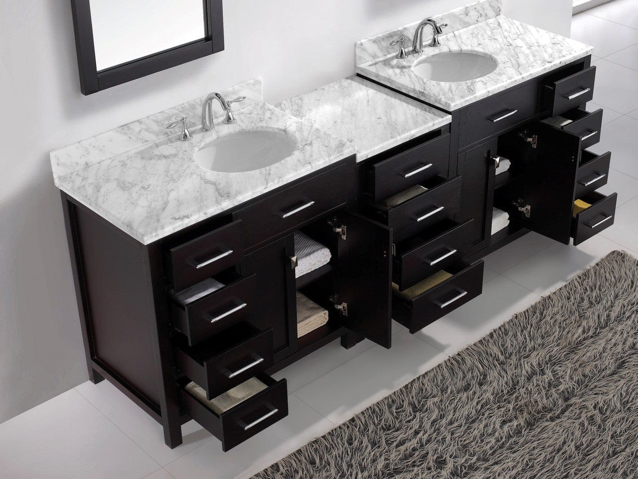 Virtu USA Caroline Parkway 93 Double Bathroom Vanity Set in Espresso w/ Italian Carrara White Marble Counter-Top |Ê Round Basin