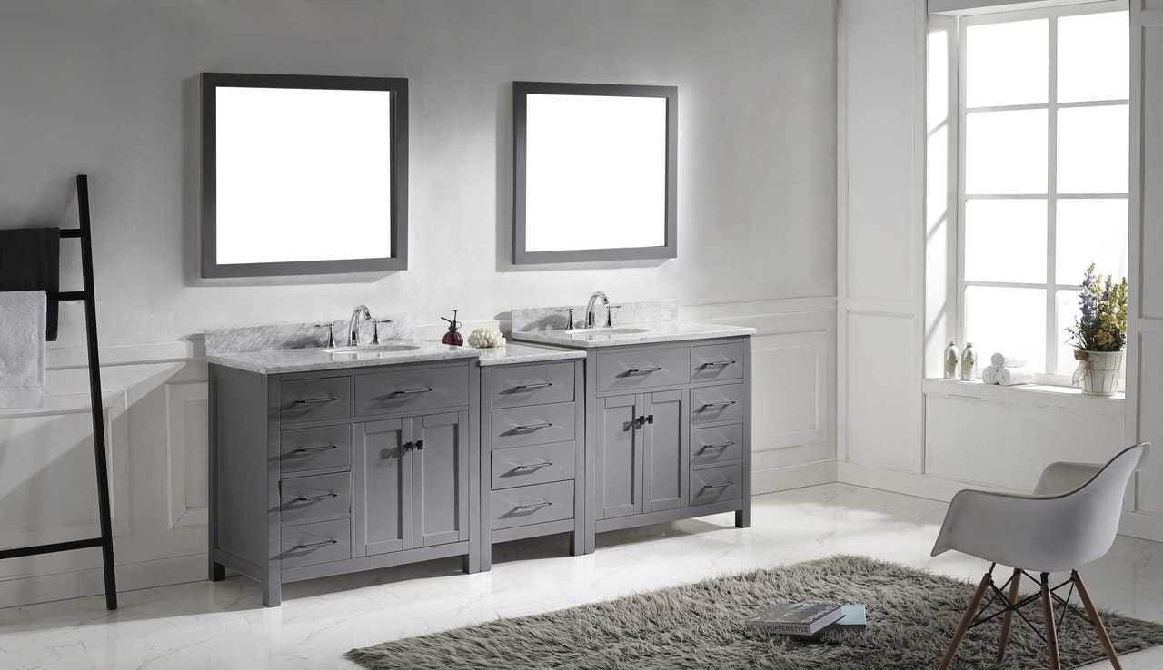 Virtu USA Vanities Virtu USA Caroline Parkway 93 Double Bathroom Vanity Set in Grey w/ Italian Carrara White Marble Counter-Top | Round Basin