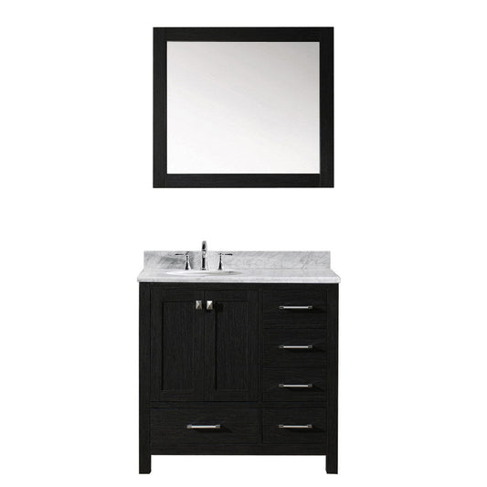 Virtu USA Caroline Premium 36" Single Bathroom Vanity Set in Zebra Grey w/ Italian Carrara White Marble CounterTop | Round Basin