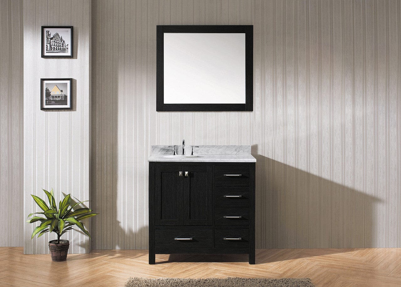 Virtu USA Vanities Virtu USA Caroline Premium 36 Single Bathroom Vanity Set in Zebra Grey w/ Italian Carrara White Marble CounterTop | Round Basin , Rightside Drawer