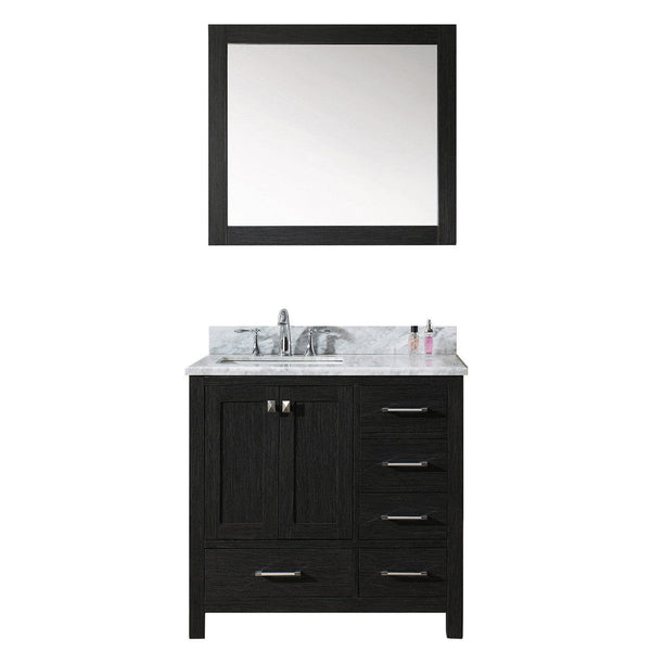 Virtu USA Caroline Premium 36 Single Bathroom Vanity Set in Zebra Grey w/ Italian Carrara White Marble CounterTop | Square Basin